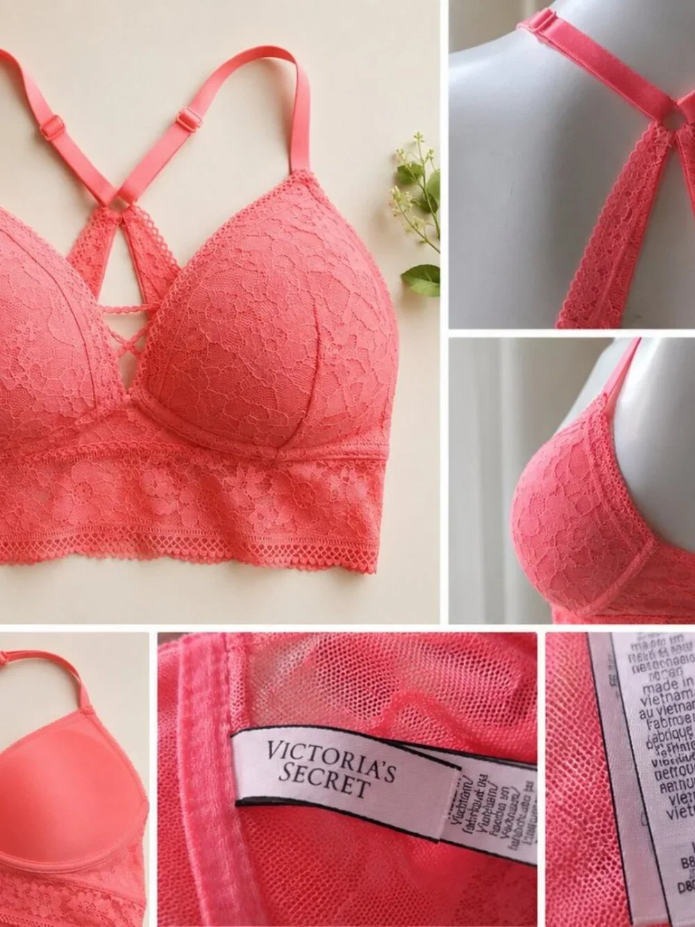 Victoria's Secret Large Coral Lace Bralette Racerback Floral Lace
